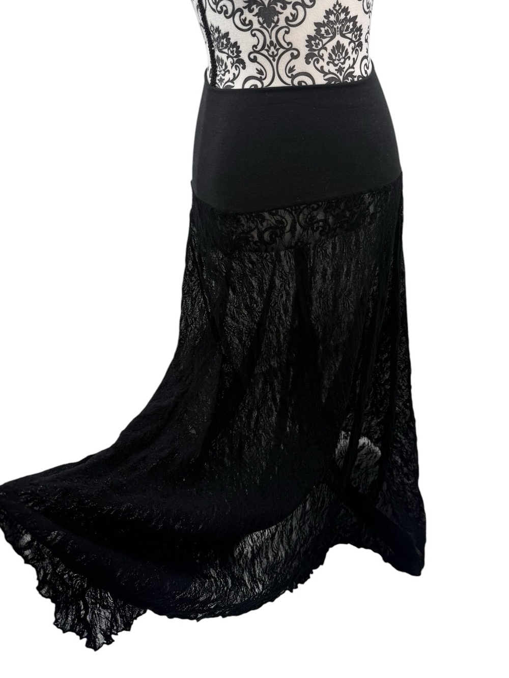Black Lace Asymmetrical Midi Skirt Dress Sheer Stretch Waist Dark Feminine Goth - Picture 2 of 16